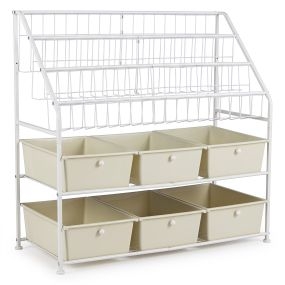 Mueble de almacenamiento multinivel con 6 cajones de PP y cestas metálicas, pies ajustables, blanco y beige, 89 x 36,5 x 87 cm