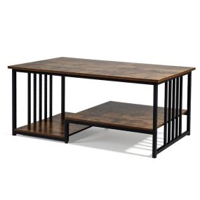 Mesa de Café Rectangular con 2 Estantes de Almacenamiento Estructura Metálica Resistente Mesa Moderna para Salón Marrón Rústico