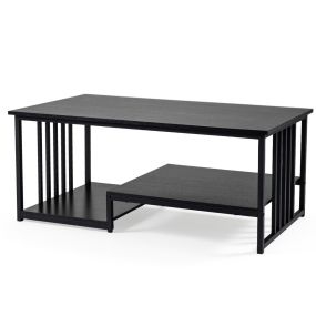 Mesa de Café Rectangular con 2 Estantes de Almacenamiento Estructura Metálica Resistente Mesa Moderna para Salón Negro