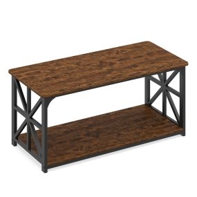 Mesa de Centro Estilo Industrial 109x50x48cm 2 Niveles Estante Abierto Estructura Metálica para Sala Estar Marrón Rústico