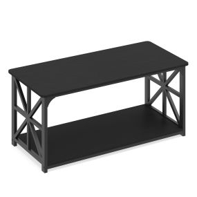Mesa de Centro Estilo Industrial 109x50x48cm 2 Niveles Estante Abierto Estructura Metálica para Sala Estar Negro