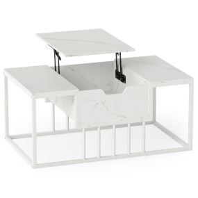 Mesa de Centro de Madera de Ingeniería 2 en 1 Elevable con Almacenamiento Oculto Marco Metálico para Salón 100 x 60 x 45 cm Blanco