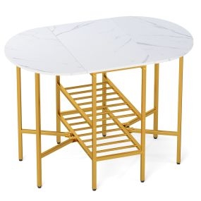 Mesa de Comedor Extensible Plegable con 2 Hojas Abatibles 2 Estantes Almacenaje Estructura Metal para Espacios Pequeños Blanco