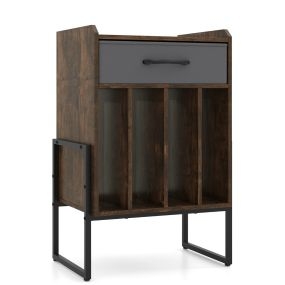 Mueble Tocadiscos Industrial con Cajón Tejido Estantes Abiertos Metal para Vinilos Salón Dormitorio Sala Música Marrón Rústico