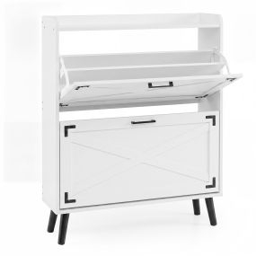 Zapatero estrecho con 2 puertas abatibles, encimera y estantes ajustables, blanco