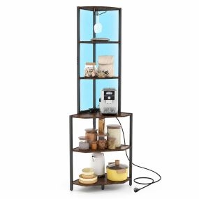 Estantería de esquina marrón 42 x 42 x 165 cm con LED, USB, Tipo C, mando y ganchos para copas
