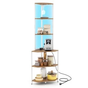 Estantería de Esquina con Tira de Luz y Enchufe Multicapa Resistente para Sala de Estar Moderna Segura 42 x 42 x 165 cm Natural+Blanco