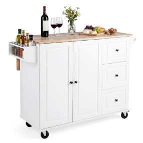 Isla Cocina Abatible con Ruedas 3 Cajones Armario Estantes Ajustables Encimera Madera Caucho Toallero Comedor Blanco