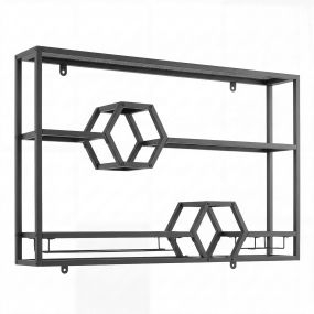 Botellero de pared metálico multinivel con soporte para copas diseño hexagonal negro 120 x 20 x 77 cm