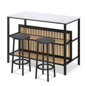 Juego de isla de cocina con dos taburetes, tablero efecto mármol, estante y estructura metálica, blanco marrón negro