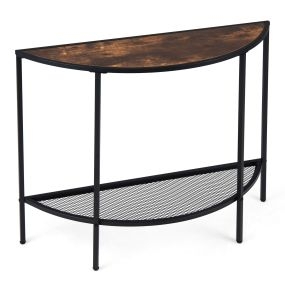 Mesa consola semicircular industrial con estante inferior de malla 92 x 30 x 80 cm marrón rústico y negro