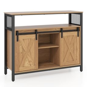 Aparador de almacenamiento con puertas correderas tipo granero, metal, estante regulable, madera natural, 100 x 33 x 80 cm