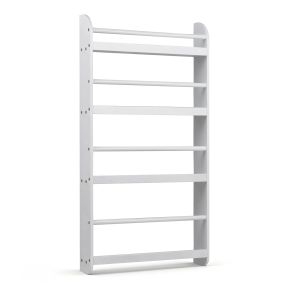 Estantería infantil de pared de 4 niveles con estantes abiertos, barras anticaída y bordes elevados, blanco