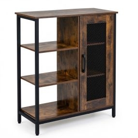Mueble Auxiliar de Cocina Industrial con Puerta de Malla 3 Estantes Abiertos Acero Negro y Tiradores Negros 70x30x81 cm para Salón o Comedor