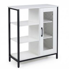 Mueble Auxiliar de Cocina con Puerta de Malla 3 Estantes Abiertos Acero Negro Paneles Blancos Madera y Tiradores Negros 70x30x81 cm para Salón o Comedor