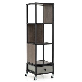 Estantería Giratoria 4 Niveles con Ruedas 360° Cajón Tela Extraíble Estrecha Madera para Sala Estar Dormitorio Oficina Marrón+Negro