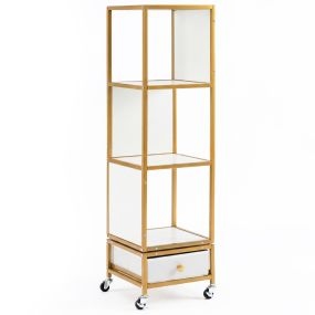 Estantería Giratoria 4 Niveles con Ruedas 360° Cajón Tela Extraíble Estrecha Madera para Sala Estar Dormitorio Oficina Blanco+Dorado