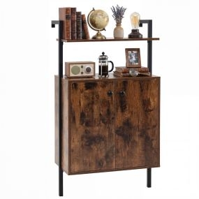 Estantería Industrial de Pared de 4 Niveles con Puertas Metal Negro Paneles de Madera y Tiradores Negros para Salón Dormitorio o Casa