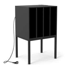 Estante para Tocadiscos con Estación de Carga y 4 Compartimentos para Vinilos Patas Metálicas Negras y Paneles Negros para Salón