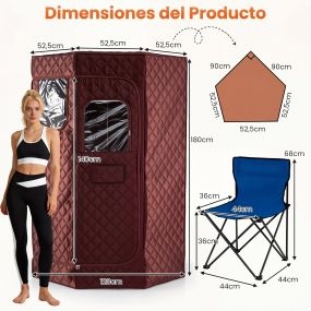 Sauna de vapor portátil con control remoto 9 niveles, silla plegable, 100 kg, café 90 x 90 x 180 cm