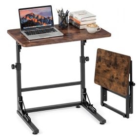 Mesa auxiliar plegable en forma de C con altura ajustable, estructura metálica, marrón rústico