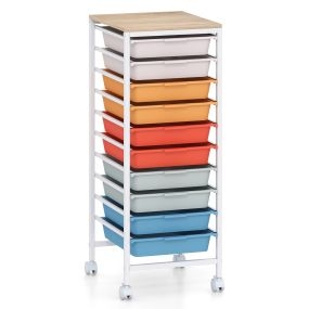 Carrito Organizador con 10 Cajones en Tonos Macarrón y Ruedas con Freno Tablero Superior de Madera Bonita 37 x 32,5 x 85 cm Multicolor