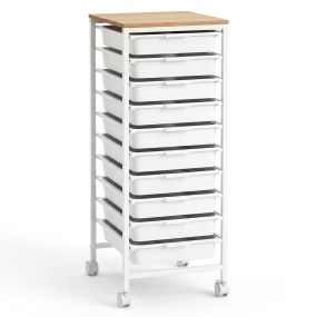 Carrito de Almacenamiento con 10 Cajones y Ruedas con Freno con Tablero Superior de Madera Resistente para el Hogar 37 x 32,5 x 85 cm Blanco