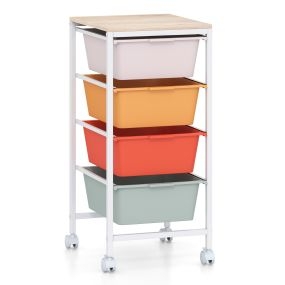 Carrito Auxiliar con 4 Cajones Grandes en Tonos Macarrón y Ruedas con Freno Tablero de Madera Resistente 32,5 x 37 x 71 cm Multicolor