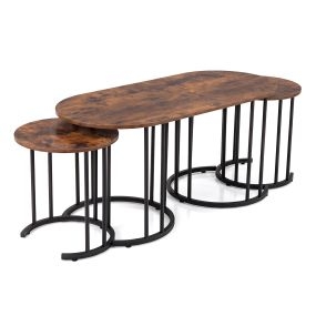 Juego de 3 Mesas de Café Apilables Diseño Industrial con Tablero Marrón y Estructura Metálica Negra para Salón 110 x 50 x 50,5 cm Marrón