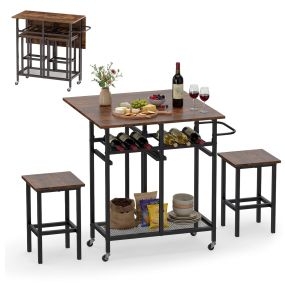 Juego de mesa de comedor 3 piezas con 2 taburetes, botellero 6 botellas y mesa plegable marrón rústico