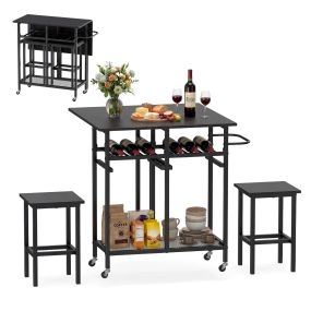 Juego de mesa de comedor de 3 piezas con 2 taburetes, botellero para 6 botellas, estantes y asa lateral, plegable, negro