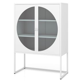 Aparador de metal blanco con puerta redonda de cristal templado y estantes ajustables 85 x 40 x 121 cm
