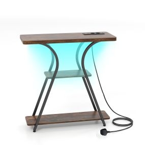 Mesa consola con luces LED y estación de carga, 3 niveles, estantes abiertos, marco metálico, marrón rústico