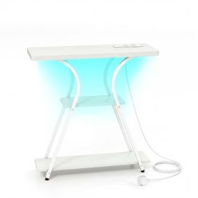 Mesa consola con luces LED y estación de carga, 3 niveles, estantes abiertos, marco metálico blanco