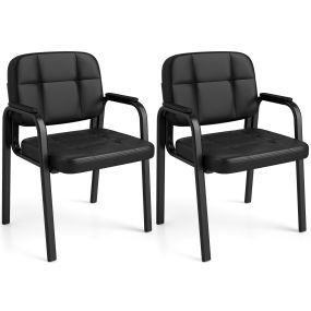Juego de 2 Sillas Confidente de Cuero con Respaldo y Reposabrazos Acolchados Estructura Metálica para Oficina Estudio Carga 150kg Negro