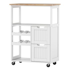 Carrito de cocina móvil con botellero, 2 cajones, encimera de madera, ruedas con freno, blanco 65 x 37 x 89 cm