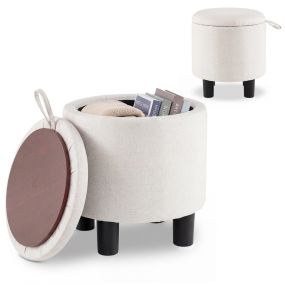 Puff Redondo Almacenaje con Tapa Abatible de Tela de Lino Taburete Reposapiés Otomana para Salón Dormitorio Beige