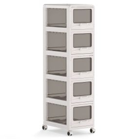 Cajonera plástica blanca de 5 niveles con cajones transparentes y ruedas con freno 42 x 28 x 112,5 cm