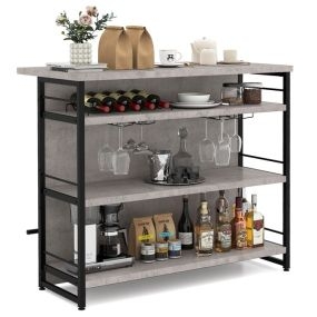 Mesa de bar con estantes multinivel, soporte para copas y reposapiés, 120 x 60 x 101 cm, gris y negro