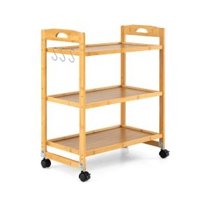 Carrito de almacenamiento 3 niveles con estante ajustable, ruedas frenables, ganchos y asas, bambú, 60 x 33 x 72 cm