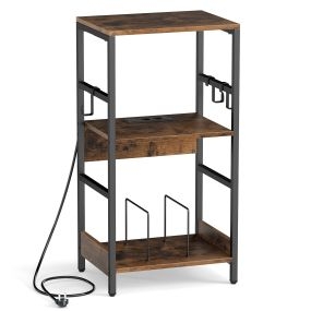 Soporte para tocadiscos con estación de carga, estante para vinilos, 3 ganchos, 3 niveles, marrón rústico