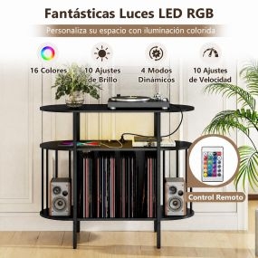 Soporte para tocadiscos con estación de carga y luz LED ajustable, 3 niveles, negro