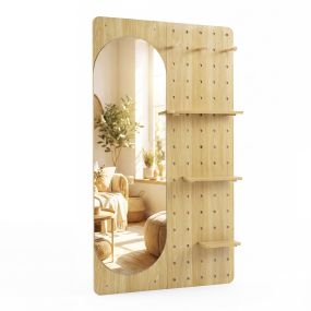Espejo de Cuerpo Entero con Panel Perforado para Pared Almacenamiento Resistente con Ganchos y Estantes 80 x 11,5 x 144 cm Natural