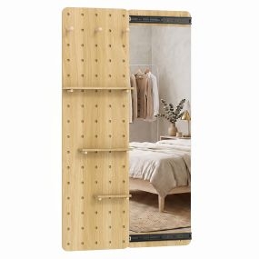 Espejo de Cuerpo Entero con Panel de Tablero de Agujero Deslizante con Riel para Almacenaje Práctico Madera Natural 80 x 14 x 140 cm Natural