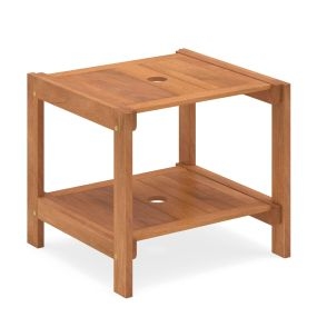 Mesa Auxiliar de Madera para Jardín con 2 Niveles de Almacenamiento y Orificio para Sombrilla de 4 cm 51x48x45 cm para Patio Terraza o Balcón