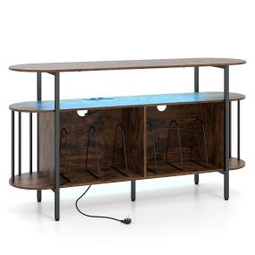 Gabinete de vinilo con tira LED multicolor, puertos USB Tipo-C, metálico, marrón rústico y negro, 140 x 40 x 76,5 cm