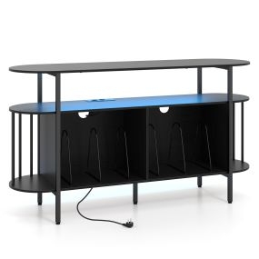 Mueble para discos de vinilo con tira LED multicolor, USB Tipo-C, metálico, negro, 140 x 40 x 76,5 cm