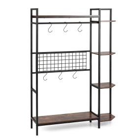 Estante de almacenaje estilo industrial con ganchos, armazón metálico, 113 x 29,5 x 156,5 cm, marrón rústico