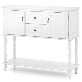 Mesa consola vintage con 2 puertas, 2 cajones, estante inferior y patas de pino, blanco, 100 x 36 x 86,5 cm