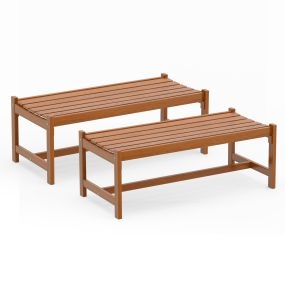 Juego de 2 Banco de Jardín de 2 Plazas 112cm Madera con Aceite de Teca y Asiento Curvado de Listones Carga 240kg para Parque Porche Entrada